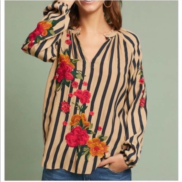Akemi + Kin by Anthropologie Manuela Stripe Floral Long Sleeve Blouse Size XS - Picture 2 of 8